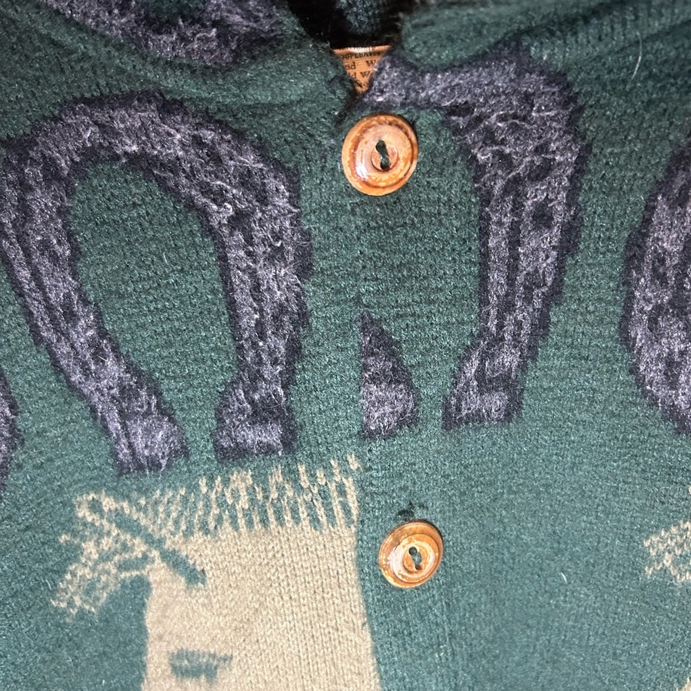 Vintage horses rider knit hooded button up cardigan / cloak - Picture 6 of 11